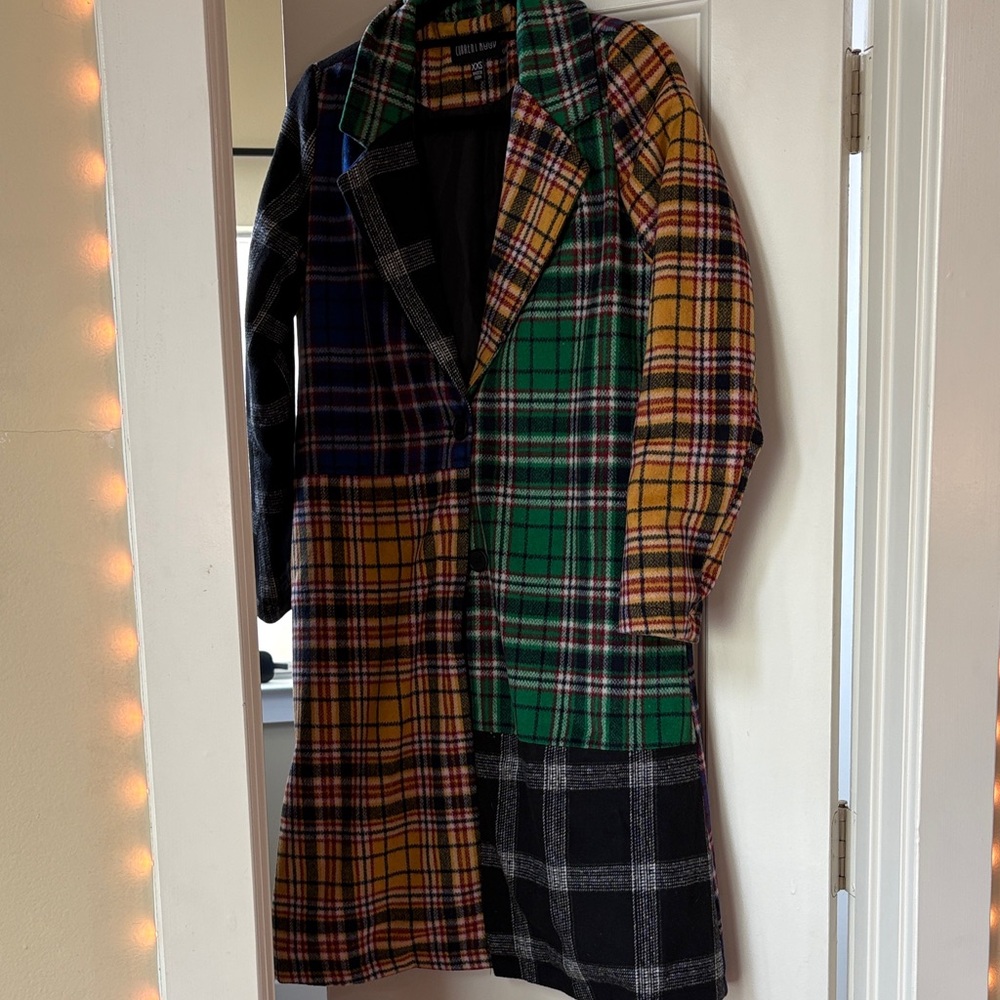 Current Mood Plaid Patchwork Long Coat - Multicol… - image 1